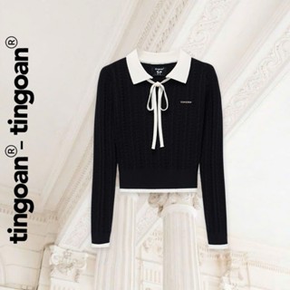 TINGOAN® - Áo len xù đen dáng lửng phối cổ bẻ dây nơ trắng HELEN TOP/BL