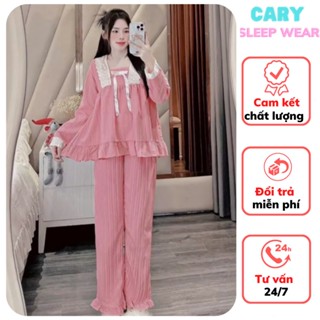 Bộ đồ ngủ dài tay mùa thu đông chất vải đũi gân cổ vuông đồ ngủ nữ pijama dễ thương đồ mặc nhà nữ CARY