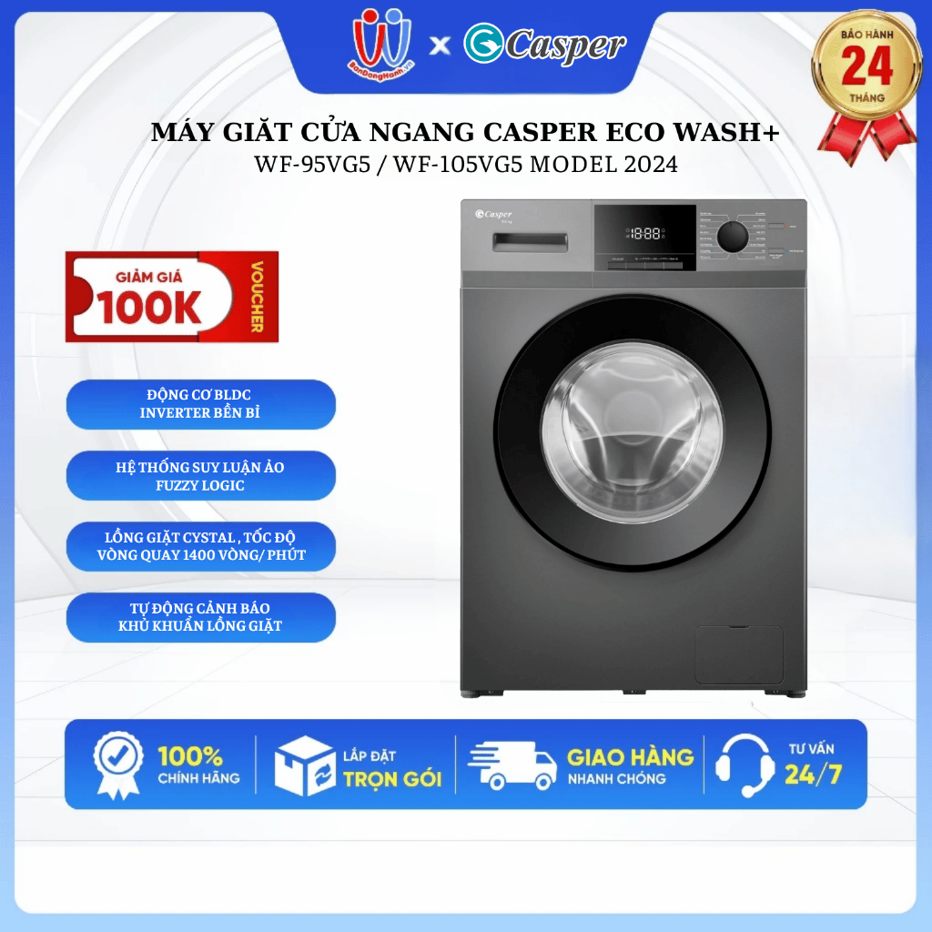 [GIAO LẮP 0Đ HN] Máy giặt cửa ngang Casper Inverter 9.5 kg WF-95VG5 - Model 2024