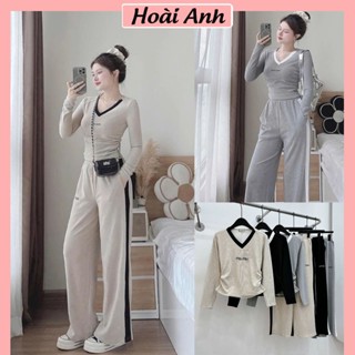  Set Bộ Đồ Nữ Miumiu Cổ V Len Tăm Thỏ Áo Dài Tay Nhún Rúm Eo Phối Viền Cổ Mix Quần Suông Dài Ống Rộng Freesize 