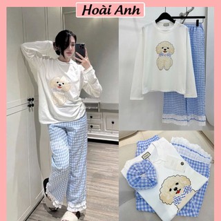 Set Bộ Đồ Nữ 3 Món Áo Phông Trắng In Cún Kèm Chun Tóc Mix Quần Dài Kẻ Caro Xanh Dương Viền Bèo Freesize