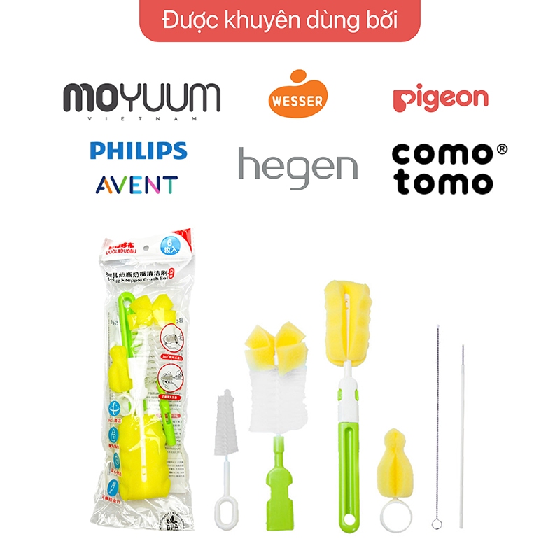 Set 6 Món Dụng Cụ Cọ Rửa Bình Sữa Đa Năng Cho Bình Sữa Pigeon, Hegen, Moyuum, Comotomo, Avents