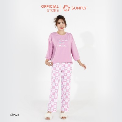 Đồ bộ mặc nhà nữ cotton compact áo tay lỡ quần dài in ht ST9228