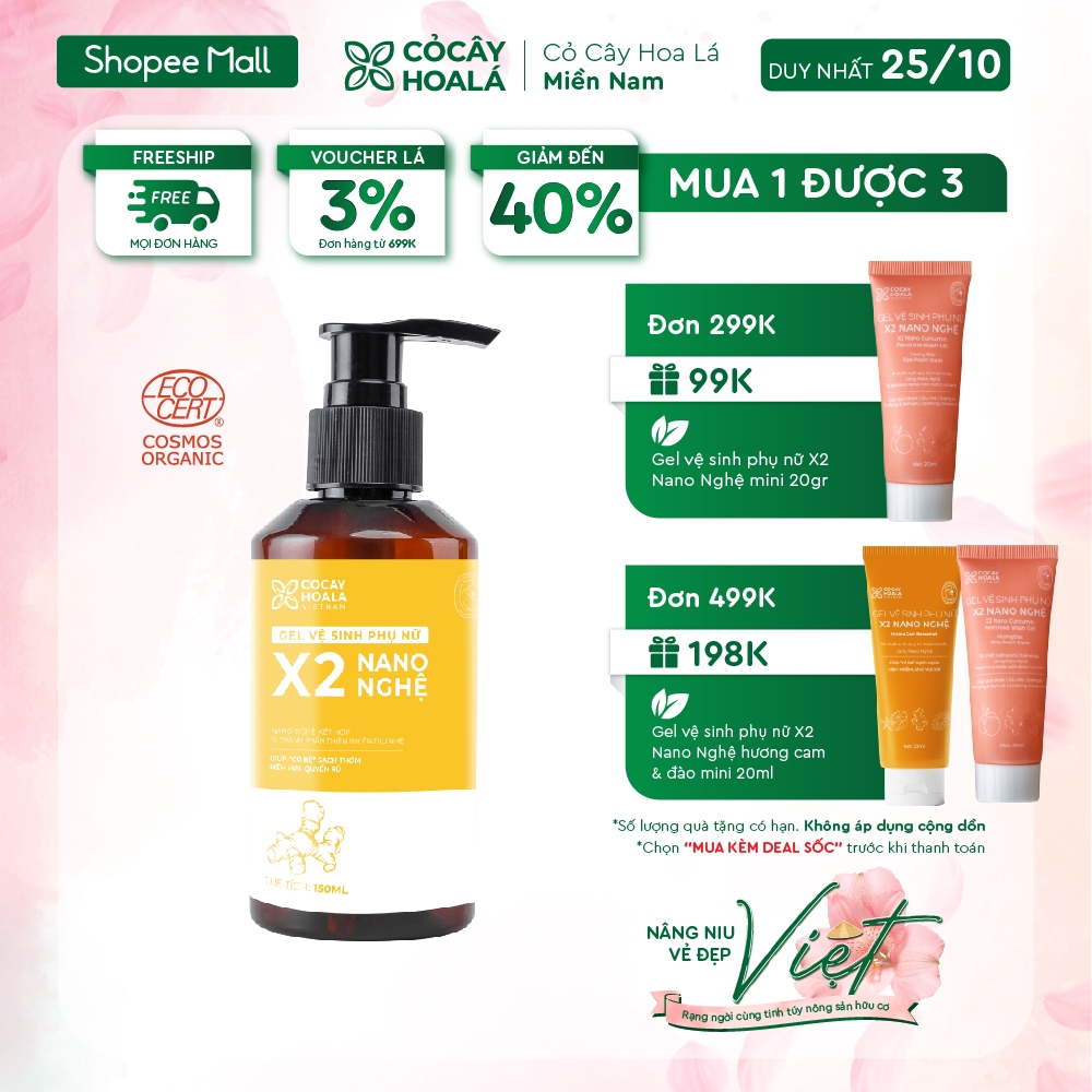 Dung dịch vệ sinh phụ nữ Gel X2 Nano nghệ hữu cơ Cỏ Cây Hoa Lá, giảm viêm ngứa, khử mùi, an toàn cho mẹ bầu, 150 ml