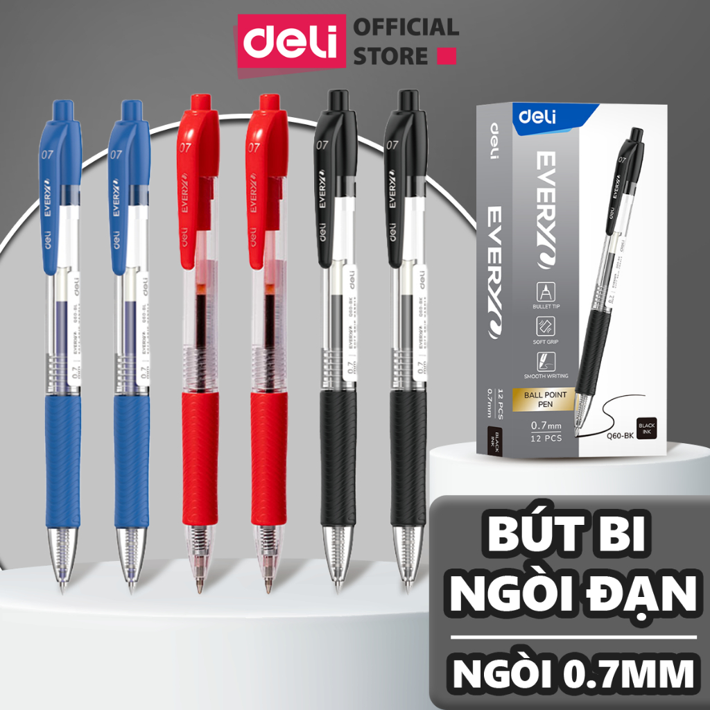 Bút Bi Văn Phòng Mực Xanh Đen Đỏ Đầu Bấm Ngòi 0.7mm Deli Nét Viết Đều Thiết Kế Đệm Tay Cao Su Chống Trượt Cao Cấp