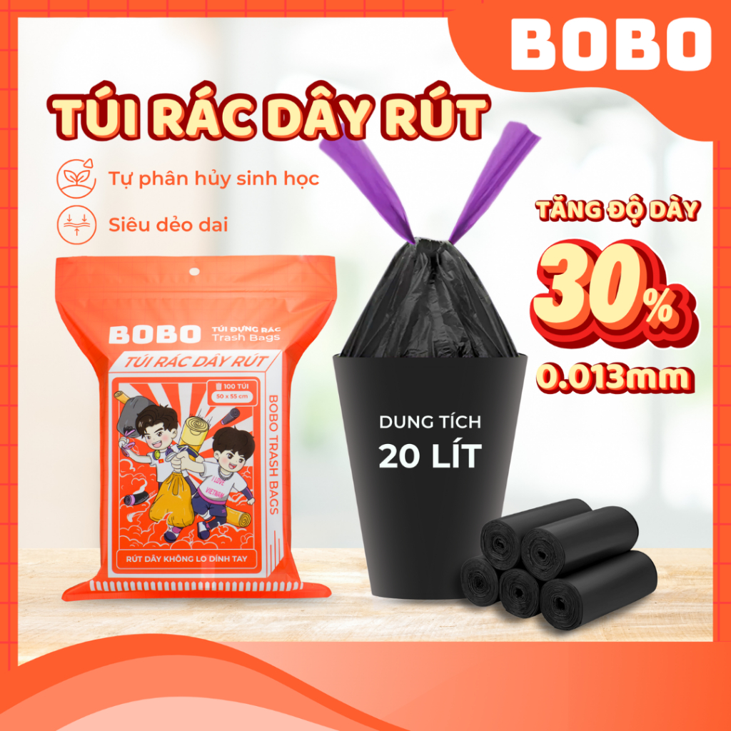 Túi rác BOBO BỊCH 120 TÚI có dây rút treo tường chất liệu HDFE siêu chịu lực chống thấm nước không lo bẩn tay