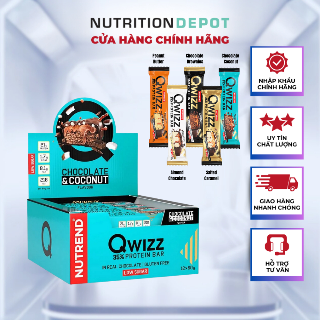 Protein Bar cao cấp Nutrend Qwizz, bổ sung dinh dưỡng (Hộp 12 thanh x 60g) - Nutrition Depot Vietnam