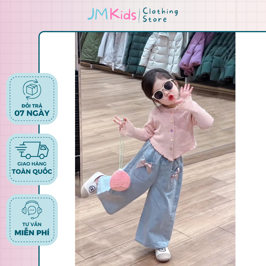 Quần áo bé gái, set quần jean ống rộng bé gái JM Kids kết hợp áo len cardigan mềm mịn
