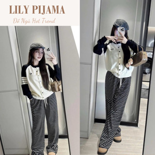 Set đồ nữ Lily phong cách thể thao, đồ bộ nữ khoác áo len dài tay thêu mickey mix quần suông kẻ ngang HCOM3358