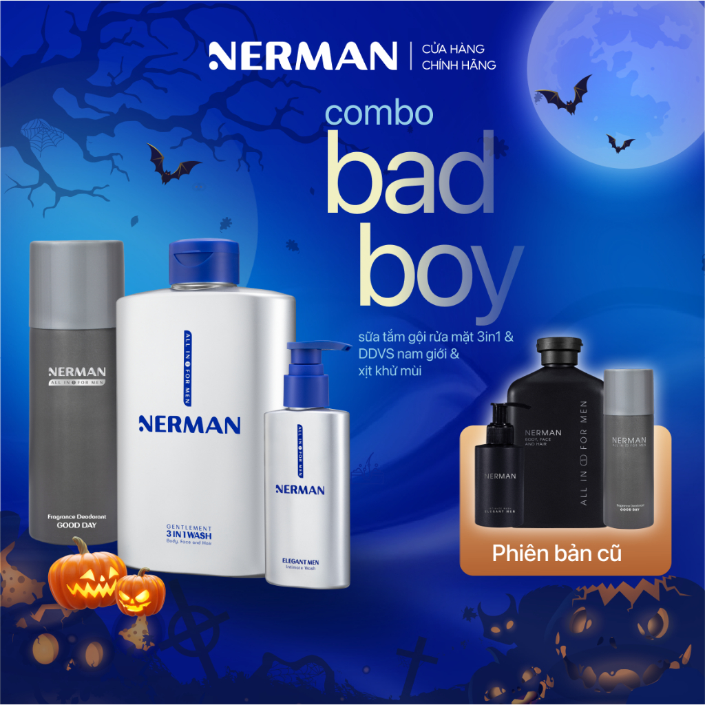 Combo Badboy Nerman - Sữa tắm gội cho nam 350ml & Gel vệ sinh 60S Fresh 100ml & Xịt khử mùi toàn thân Good Day 100ml
