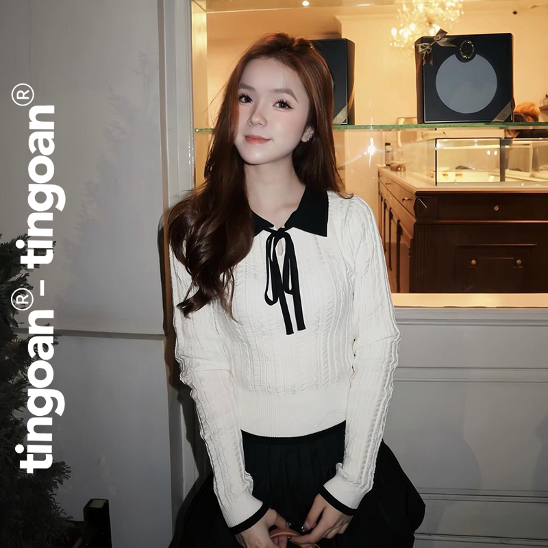 TINGOAN® - Áo len xù trắng dáng lửng phối cổ bẻ dây nơ đen HELEN TOP/WH