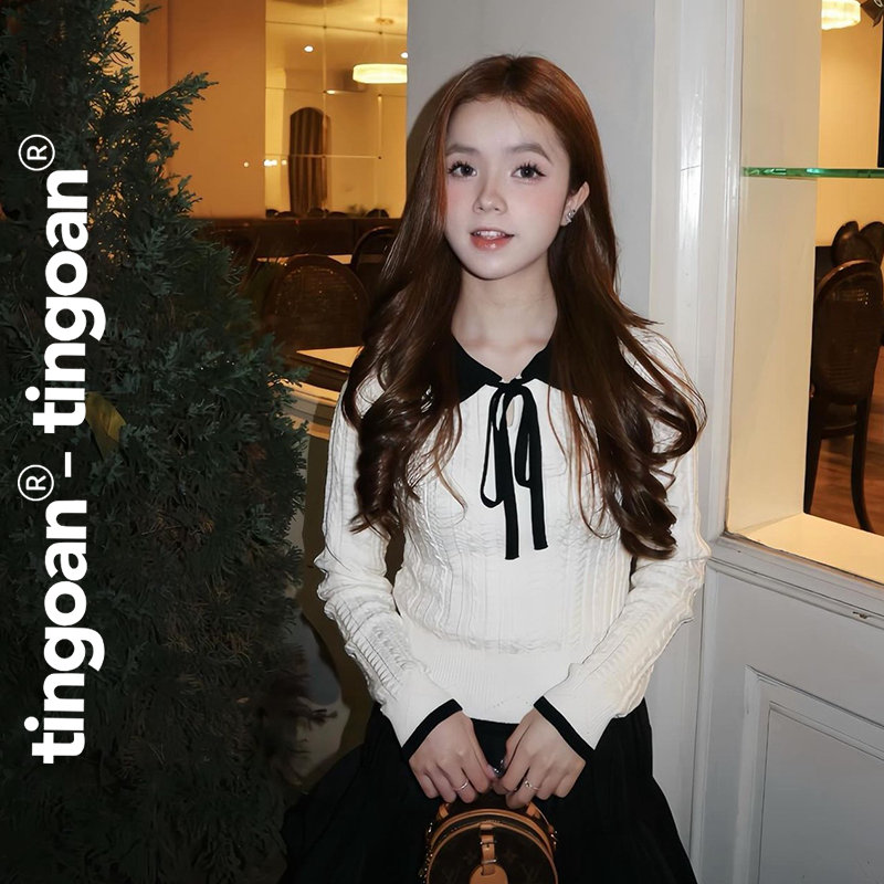 TINGOAN® - Áo len xù trắng dáng lửng phối cổ bẻ dây nơ đen HELLEN TOP/WH | BigBuy360 - bigbuy360.vn