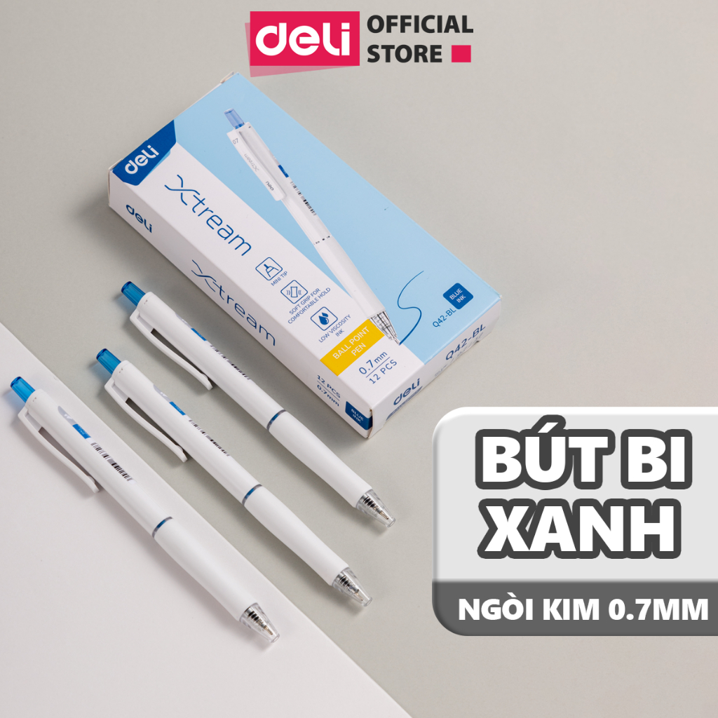 Bút Bi Eco Deli Mực Xanh Thiết Kế Dễ Thương Đầu Bấm Ngòi 0.7mm Deli Nét Viết Đều Không Tắc Mực Cho Học Sinh Sinh Viên