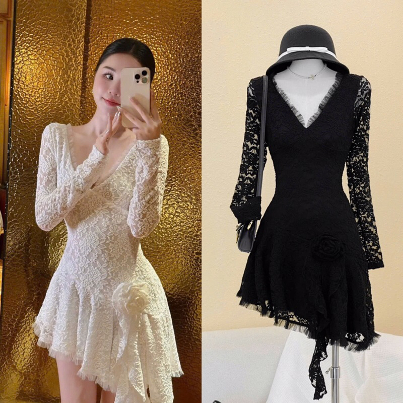 Đầm Váy Ren Tay Dài Cổ V Màu Kem Đen Đính Hoa To Ôm Body Tà Chéo Sexy Sang Chảnh