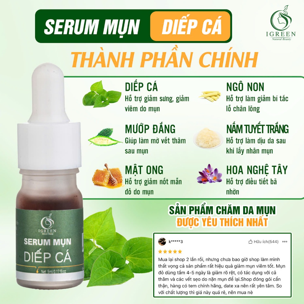 Serum Mụn Diếp Cá IGREEN 5ml - Giảm mụn, giảm thâm, se khít lỗ chân lông, dưỡng da | BigBuy360 - bigbuy360.vn