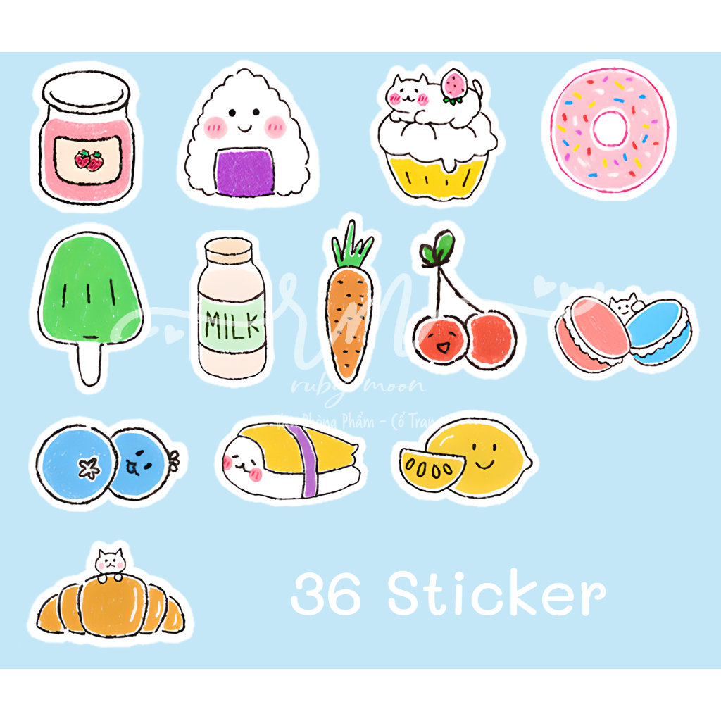 Bộ 36 Sticker nhãn dán Đồ Ăn Sushi