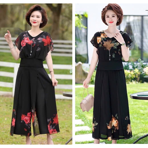 Set Đồ Trung Niên In Hoa Xẻ Tà Cho Mẹ Đi Tiệc Sang Trọng Lịch Sự I Tặng Mẹ Ý Nghĩa