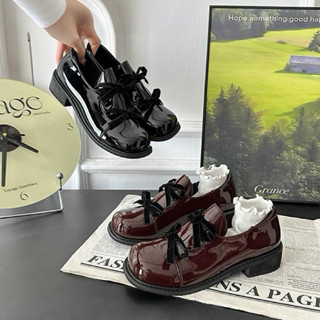 Giày lười loafer nữ mũi vuông da bóng đế thấp 3cm phối nơ cổ điển Eudora899 E3205