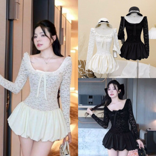 ( Form Chuẩn L1 ) Đầm Váy Tùng Bí Dáng Ôm Body Chất Ren Đính Nơ Tay Dài Tôn Dáng Trắng Đen