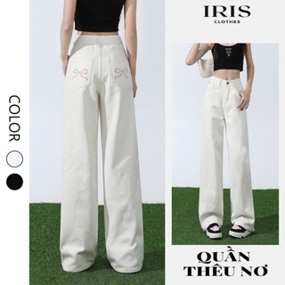 Quần Kaki nữ Lưng cao Ống Suông THÊU NƠ Túi Sau cá tính, Quần jean nữ ống rộng hottrend Lucy Mall