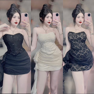 Set Bộ Ren Dự Tiệc Áo Cúp Corset Ngực Có Mud Chân Váy Ren Tua Vạt Có Lót Quần Sang Chảnh