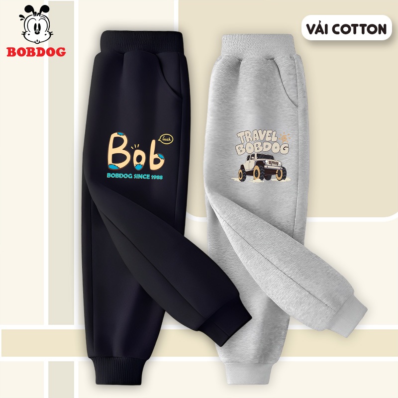 Quần dài cho bé trai BOBDOG mẫu mới 2024, quần thu đông chất nỉ da cá dáng thể thao in hình Ô TÔ cute cho bé