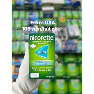Kẹo cai thuốc lá thuốc lào 2mg Nicorette Vị Icy White hàng Mỹ ( hộp 105 viên)