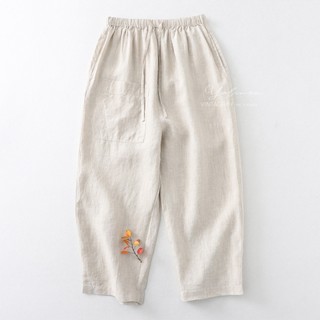  Quần linen 9 tấc lưng thun túi ốp trước năng động YOLINEN màu be xanh navy tím vintage dễ mặc QD06 