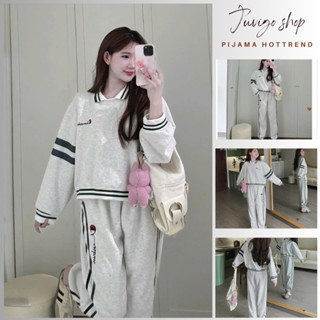  Đồ bộ nữ set đồ nữ áo nỉ cổ bẻ dài tay phối quần dài kẻ sọc màu viền cạp chun bo gấu dáng thể thao Juvigo HCOM3367 