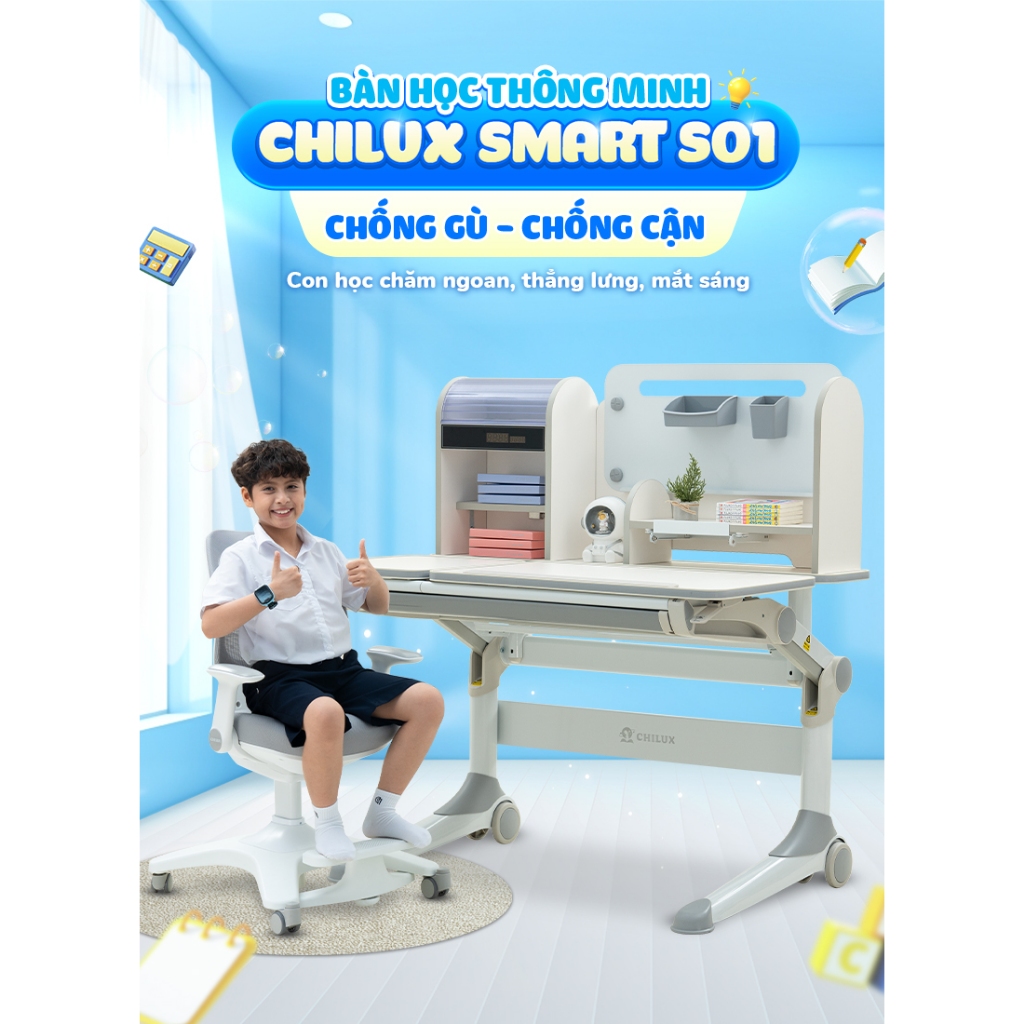 Bàn học trẻ em cao cấp Chilux Smart S01 chống gù, chống cận, điều chỉnh độ cao linh loạt