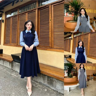  C12 - Váy Thiết Kế Evii  dành cho Nữ Váy Cổ Đức Xếp Ly eo dáng A dài phối sơ mi kẻ  tặng kèm tag cài  phù hợp đi chơi 
