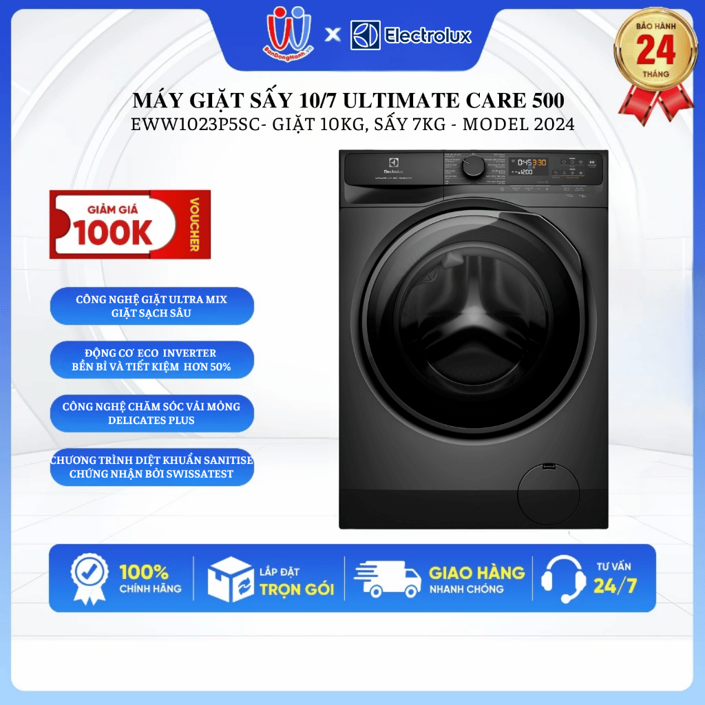 [GIAO LẮP 0Đ HN] Máy giặt sấy Electrolux UltimateCare 500 Inverter giặt 10 kg - sấy 7 kg EWW1023P5SC