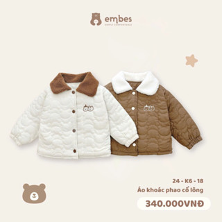 Áo phao cổ lông EMBES chất dày dặn cho bé trai bé gái, áo khoác phao mùa đông in hình 2 gấu cho trẻ em BEO.Kids