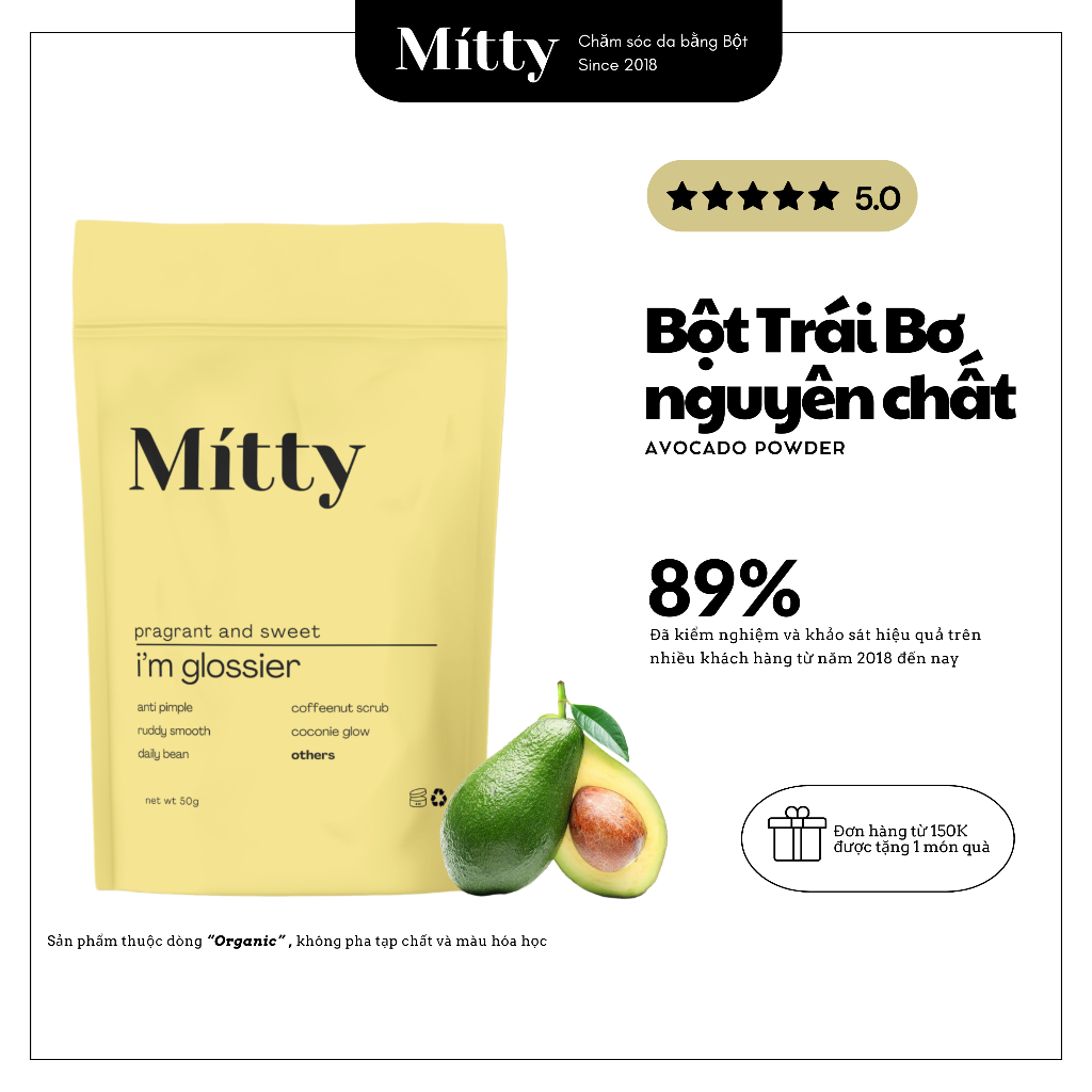 𝐁𝐎̣̂𝐓 𝐓𝐑𝐀́𝐈 𝐁𝐎̛ - Bột Trái Bơ Nguyên Chất dưỡng ẩm sáng da Mitty Beaute - Trọng lượng 50G