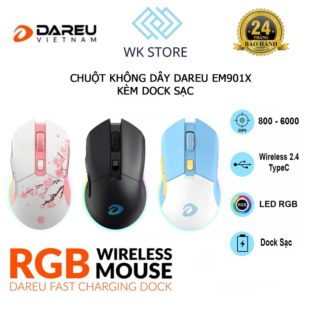 Chuột Không Dây Gaming DAREU EM901X LED RGB + Kèm Dock Sạc Nhanh - Hàng Chính Hãng ( BH 2 NĂM)