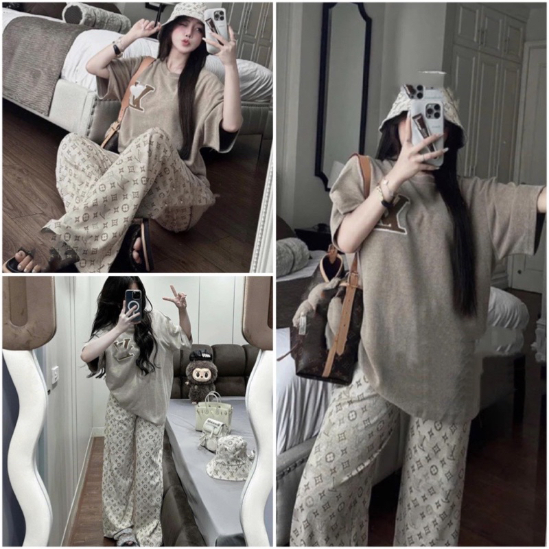 Set Áo Dài Tay Lờ V Màu Nâu Thêu Lông Xịn Xò Tăm Lông Thỏ Mix Quần Dài Hoạ Tiết Chữ | BigBuy360 - bigbuy360.vn