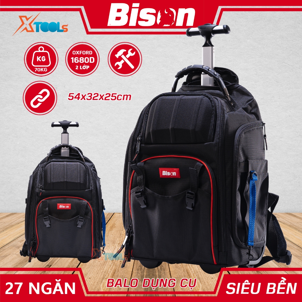 Balo đựng đồ nghề có tay kéo nhôm có bánh xe Bison BS710281 có ngăn laptop, vải Oxford 1680D 2 lớp độ bền cao, đế lót gỗ