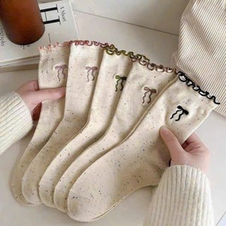  Set 5 - 10  Đôi Tất Vớ Nữ Cổ Cao Cotton Nơ Muối Tiêu Phối Viền Bèo Phong Cách Hàn Quốc 