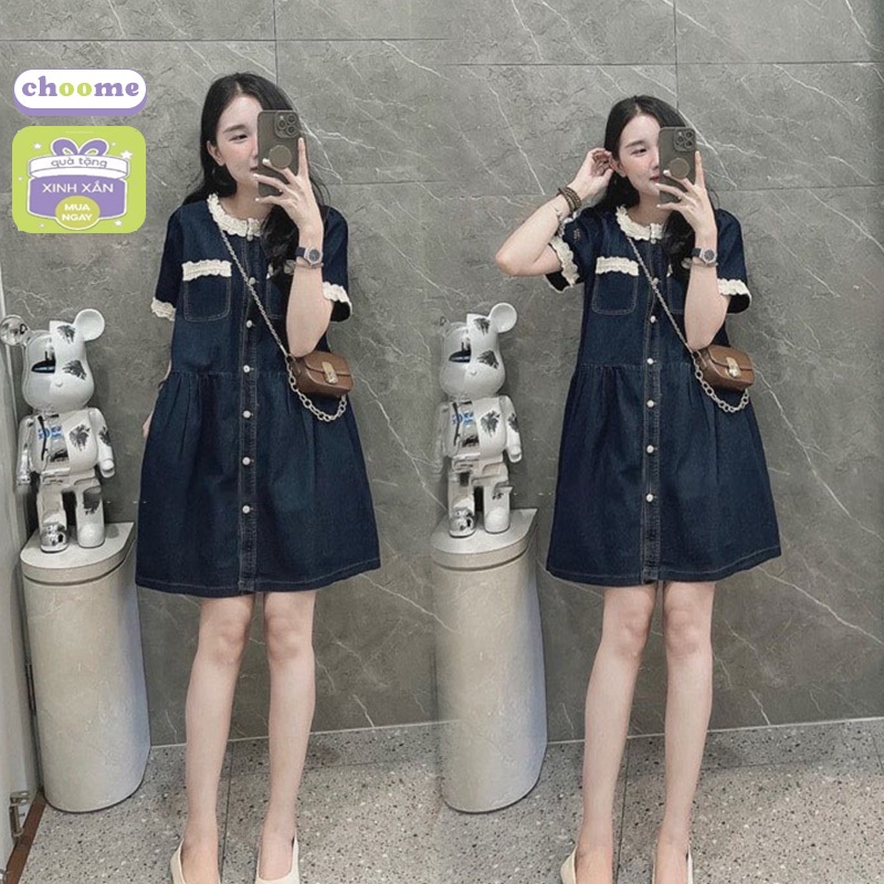 Váy bầu bò cộc tay phối ren xinh AA915 - Đầm bầu chất jeans màu xanh đậm cá tính phối túi ngực trẻ t