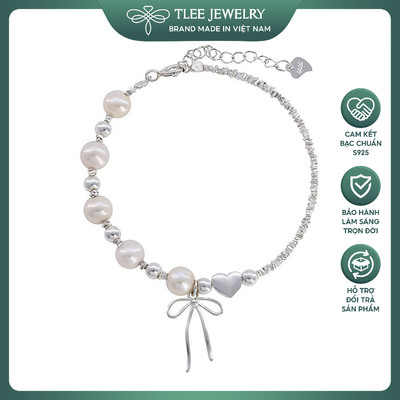 Lắc tay bạc nữ TLEE hạt bạc vỡ mix charm nơ điểm bi và trai nước ngọt nữ tính TLEEJEWELRY LT0433