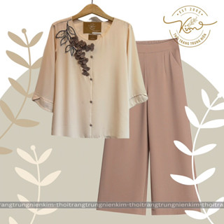  SET trung niên voan đính cườm hoạ tiết hoa nút bọc vải màu kem xinh xắn 