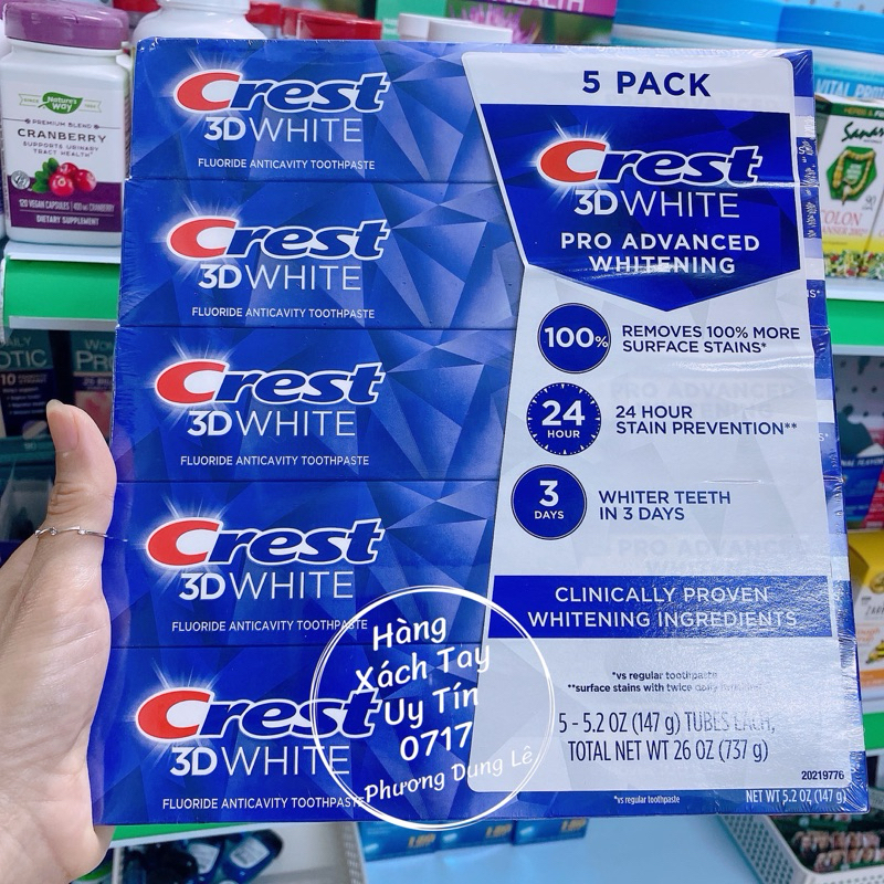 (1 tuýp 147g) kem đánh răng Crest 3D white advanced chuẩn Mỹ mẫu mới cải tiến
