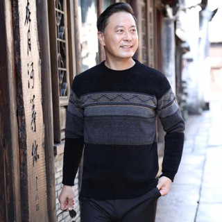  Áo Len Kẻ Nam Trung Niên Cổ Tròn Có Lót Nỉ Nhung Mềm Mịn - Hàng Quảng Châu Cao Cấp 