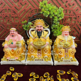 Tượng thần tài ông địa thần tiền mẫu phú quý rồng màu vàng gấm