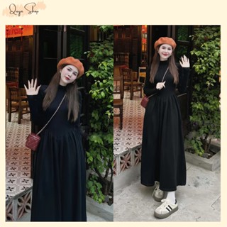 Đầm Maxi Cổ Tròn Dáng Xoè Dài Tay Chất Liệu Thun Gân, Váy Dự Tiệc Sang Chảnh, QUYN.036