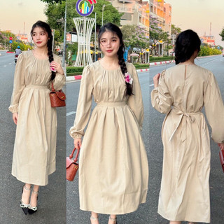 đầm linen xếp li cổ tay bo kèm dây thắt