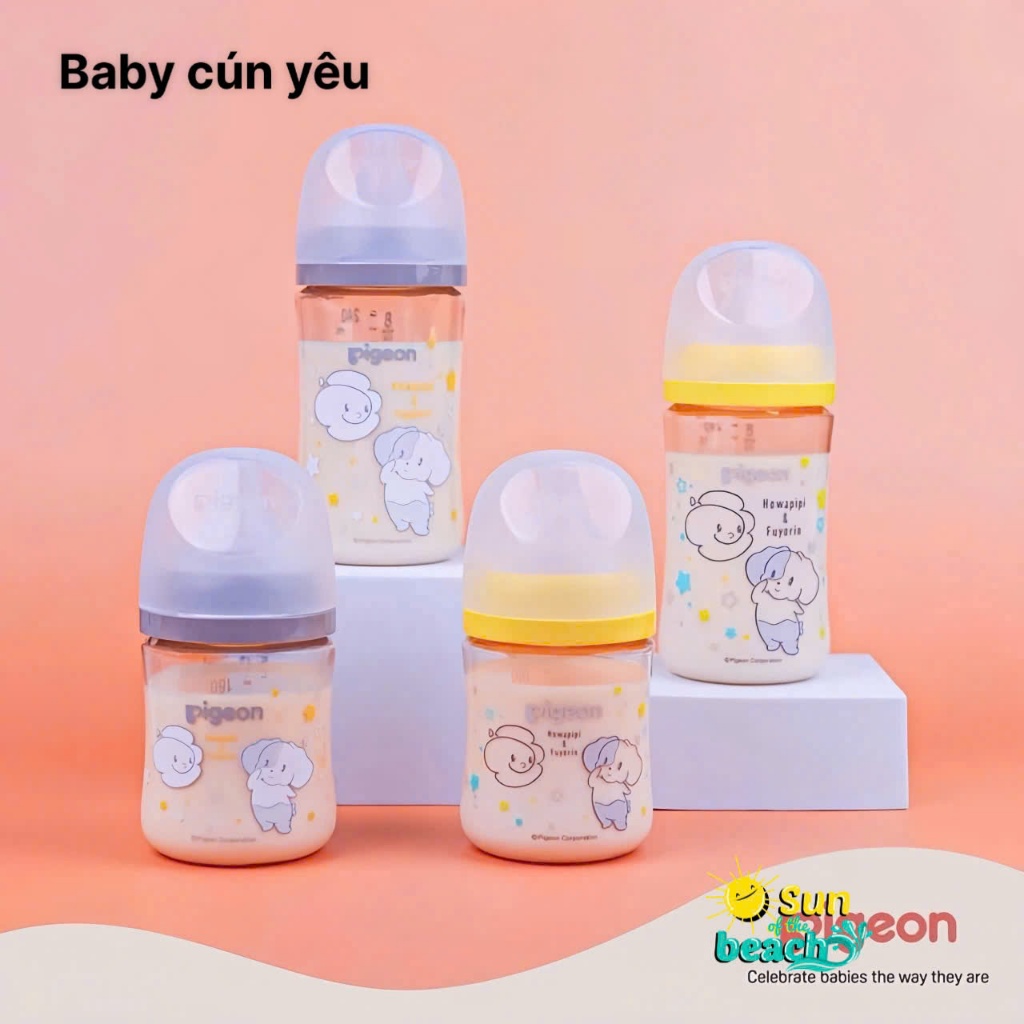 Bình sữa Pigeon chú voi PPSU Plus thế hệ III cổ rộng Howapipi (160ml/ 240ml)