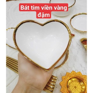 Bát tim viền vàng đậm , đĩa tim viền vàng đậm decor mâm cúng( mẫu mới 2024)