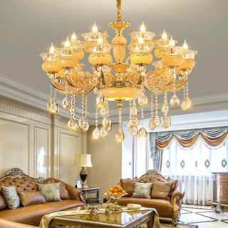 Đèn chùm thả trần tân cổ điển T_A_T | Đèn chùm trang trí sang trọng vàng 24k chao đá đúc nguyên khối cho phòng khách