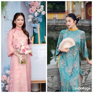 Áo dài cách tân truyền thống vintage phối cúc bọc hai tà xanh cổ vịt màu hồng xanh chất liệu gấm cao cấp đủ size